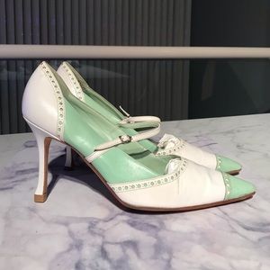 Womens Manolo Blahnik Oxford Leather White Green Heels 36.5 / 6.5